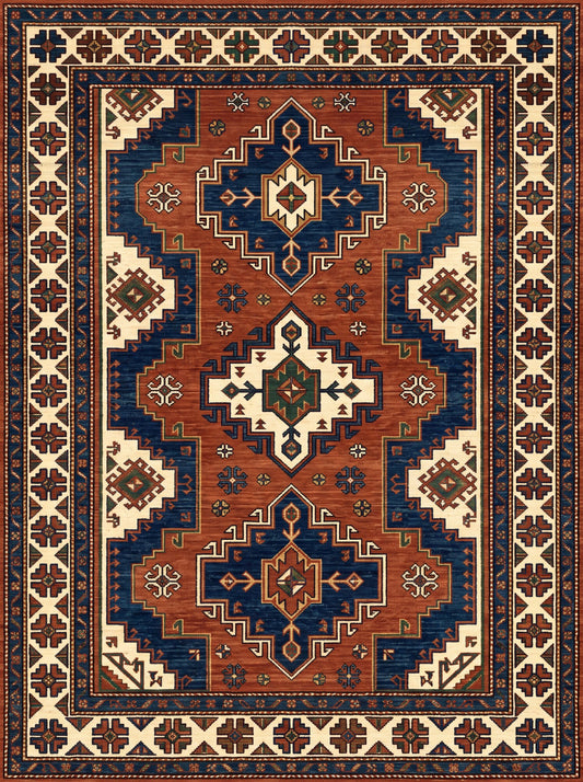Kiremit ve Lacivert Geometrik Afgan Bambu halı deseni MS-0234