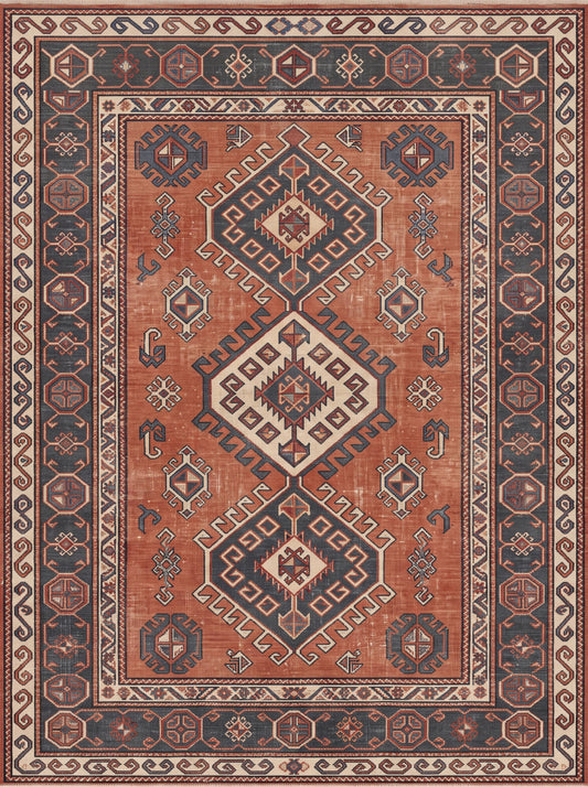 Kiremit ve Lacivert Geometrik Uşak Bambu halı deseni MS-0096