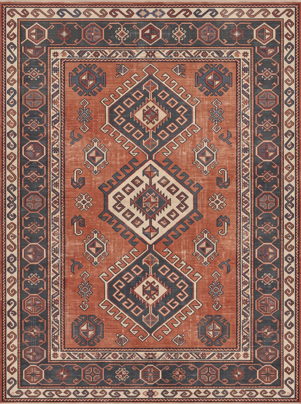 Kiremit ve Lacivert Üç Madalyonlu Uşak Desenli Bambu Halı MS-0096