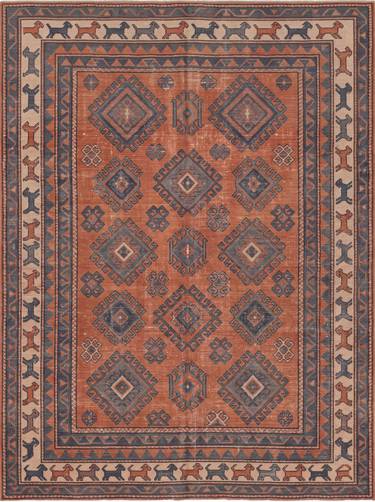 Kiremit ve Lacivert Geometrik Uşak Bambu halı deseni MS-0100