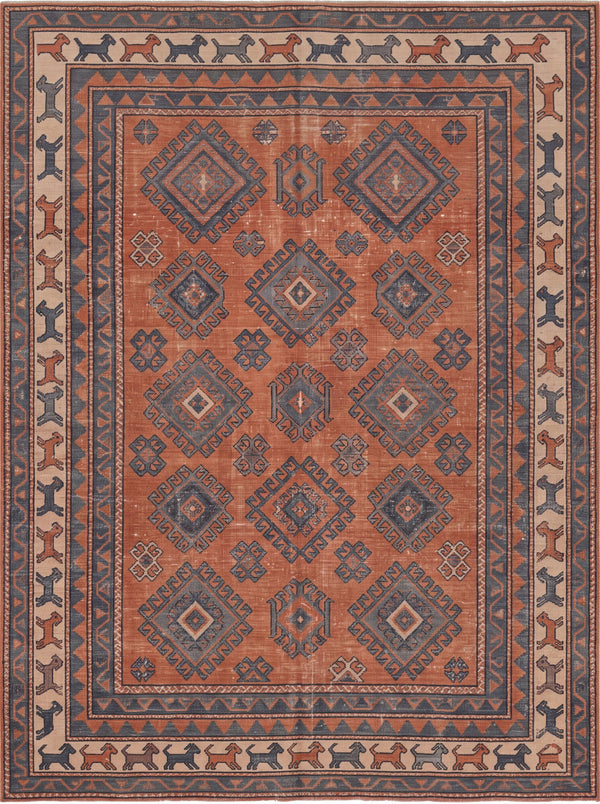 Kiremit ve Lacivert Dörtgenli At Figürlü Uşak Desenli Bambu Halı MS-0100