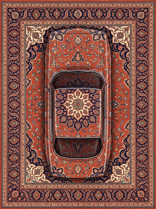 Kiremit ve Lacivert Klasik Otomobil Klasik Otomobil Bambu halı deseni MS-0298