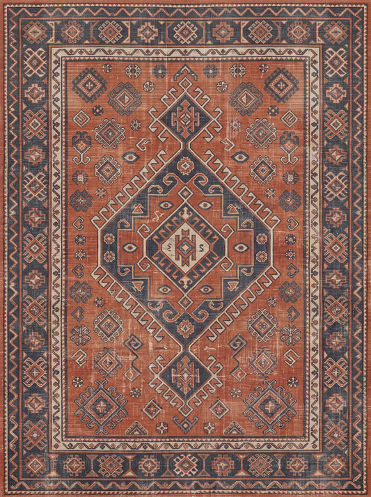 Kiremit ve Lacivert Madalyonlu Uşak Bambu halı deseni MS-0080