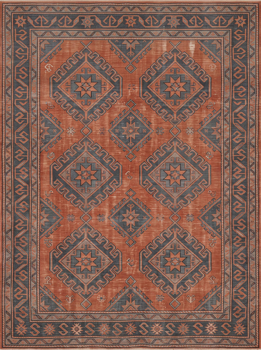 Kiremit ve Lacivert Madalyonlu Uşak Bambu halı deseni MS-0084