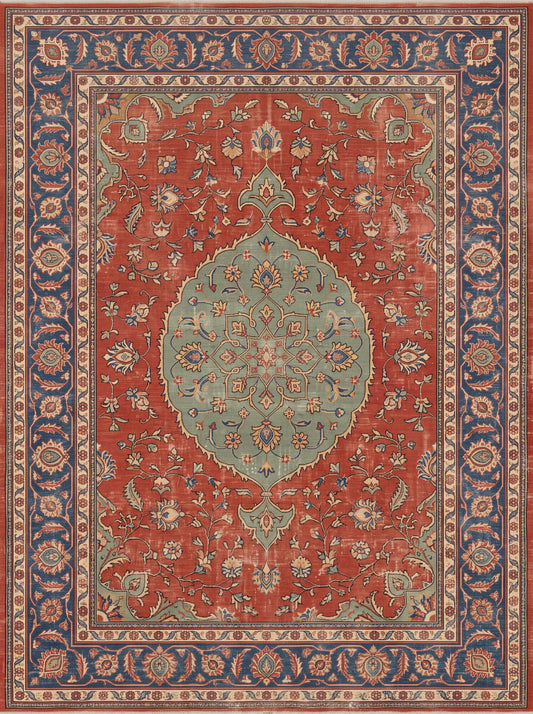 Kiremit ve Lacivert Madalyonlu Uşak Bambu halı deseni MS-0089