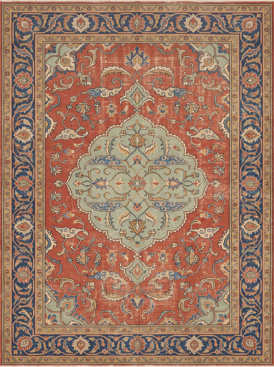 Kiremit ve Lacivert Madalyonlu Uşak Bambu halı deseni MS-0093