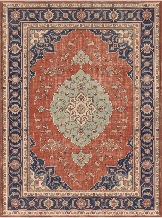 Kiremit ve Lacivert Madalyonlu Uşak Bambu halı deseni MS-0105