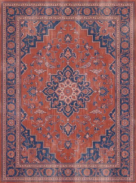 Kiremit ve Lacivert Çiçekli Retro Bambu halı deseni MS-0213