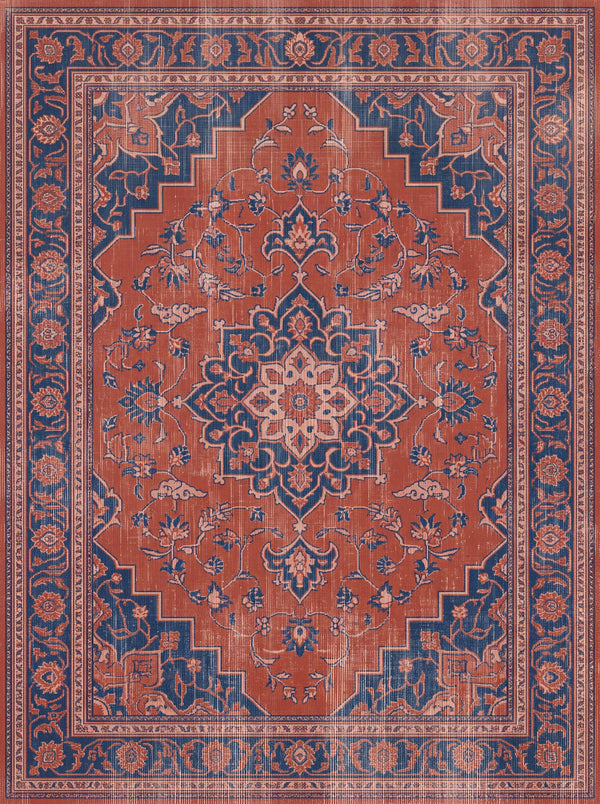Kiremit ve Lacivert Retro Çiçekli Bambu Halı MS-0213