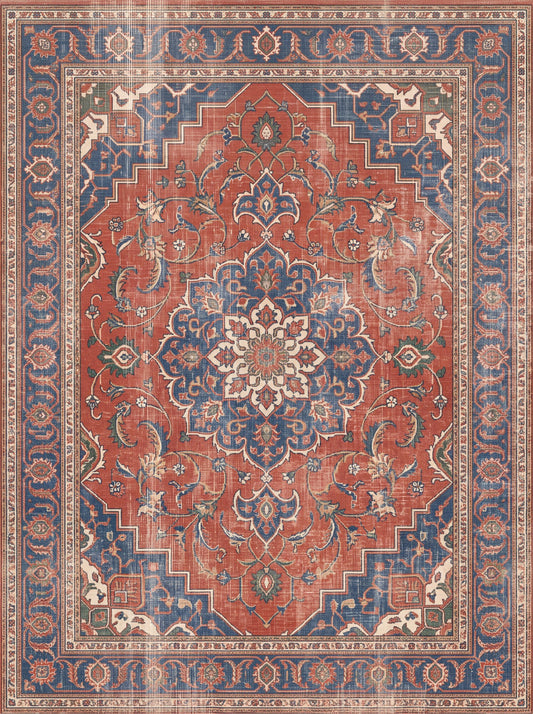 Kiremit ve Lacivert Çiçekli Retro Bambu halı deseni MS-0221