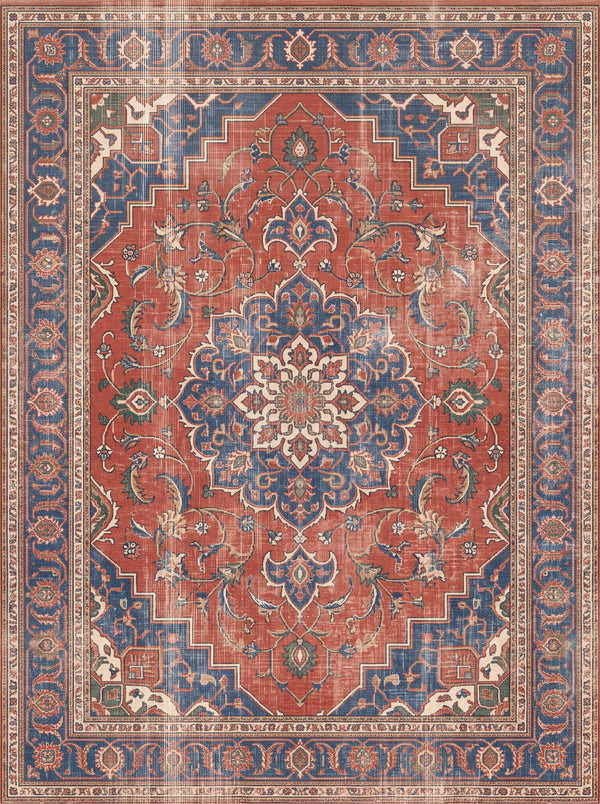 Kiremit ve Lacivert Retro Çiçek Buketli Bambu Halı MS-0221