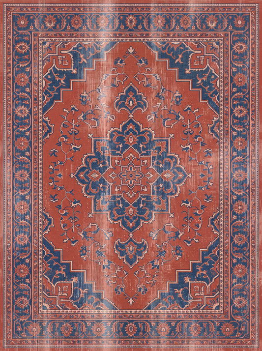 Kiremit ve Lacivert Çiçekli Retro Bambu halı deseni TH-099