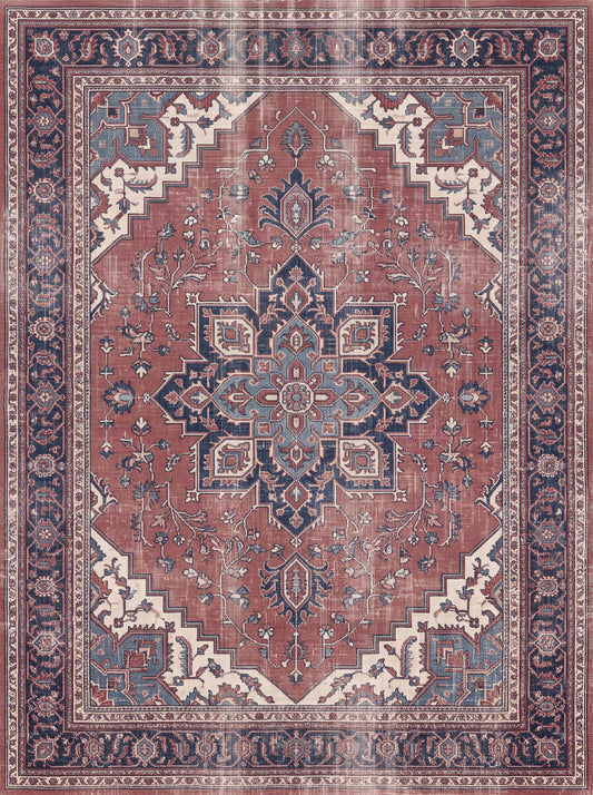 Kiremit ve Lacivert Çiçekli Retro Şönil halı deseni TH-005