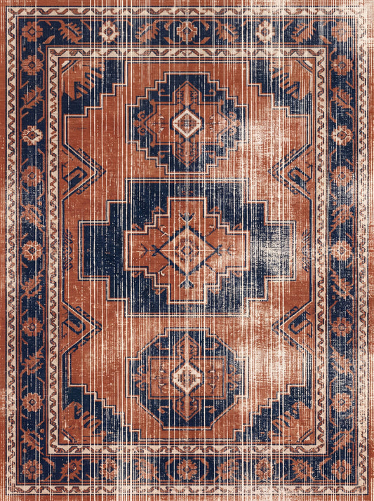 Kiremit ve Lacivert Çiçekli Retro Şönil halı deseni TH-023