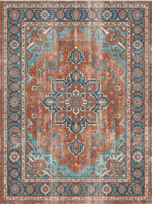 Kiremit ve Lacivert Çiçekli Retro Şönil halı deseni TH-067