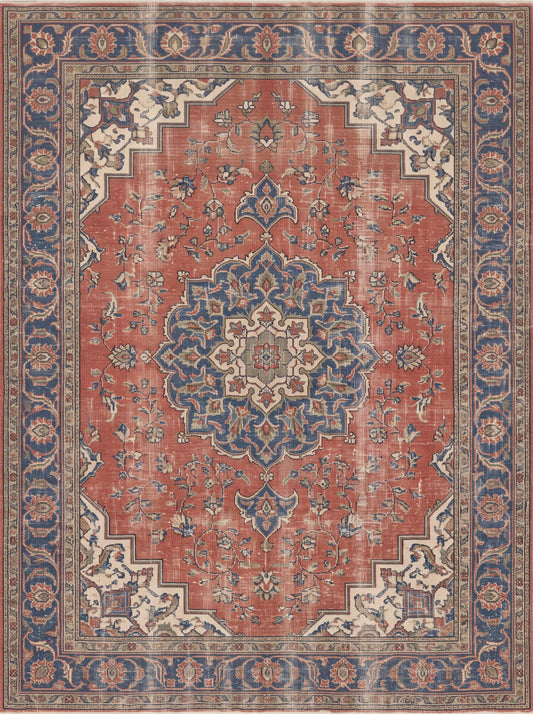 Kiremit ve Lacivert Çiçekli Retro Şönil halı deseni TH-068