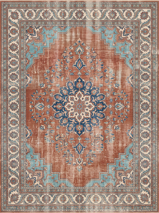 Kiremit ve Lacivert Çiçekli Retro Şönil halı deseni TH-074