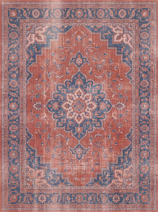 Kiremit ve Lacivert Çiçekli Retro Şönil halı deseni TH-110