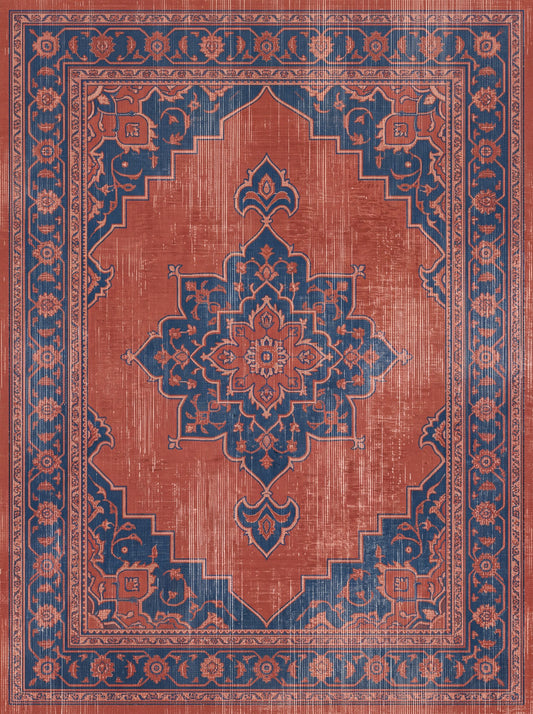 Kiremit ve Lacivert Madalyonlu Retro Bambu halı deseni MS-0204