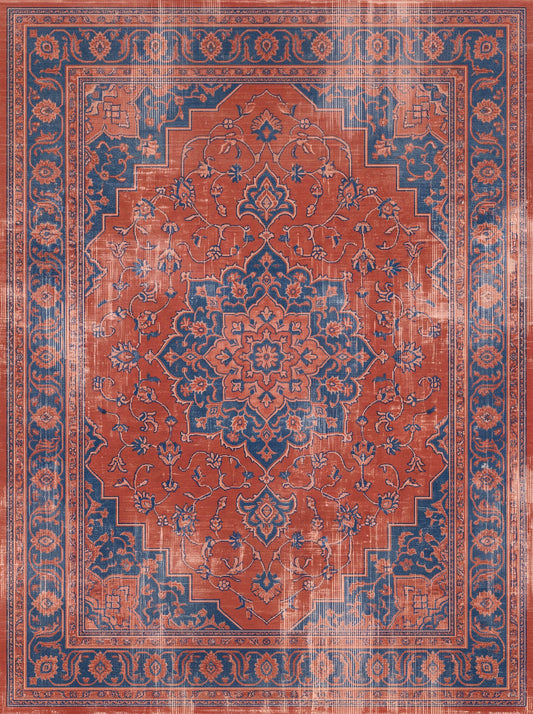 Kiremit ve Lacivert Madalyonlu Retro Bambu halı deseni MS-0210