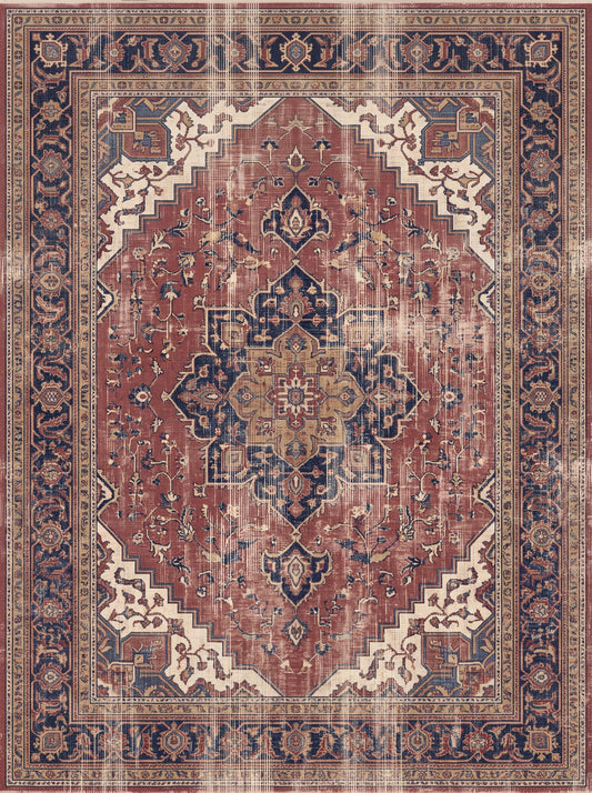 Kiremit ve Lacivert Madalyonlu Retro Şönil halı deseni TH-028