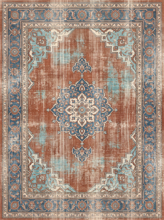 Kiremit ve Lacivert Madalyonlu Retro Şönil halı deseni TH-041