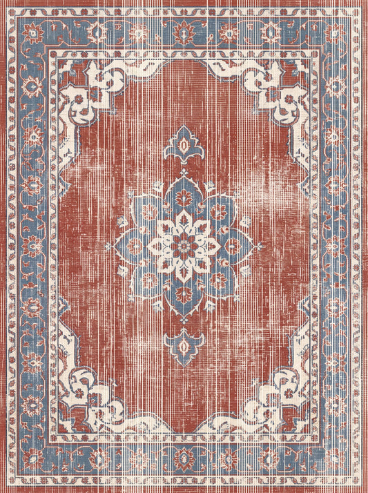 Kiremit ve Lacivert Madalyonlu Retro Şönil halı deseni TH-046