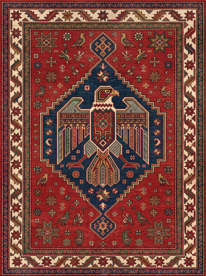 Kiremit ve Lacivert Kafkas Kartalı Bambu Sanat Halısı MS-0326