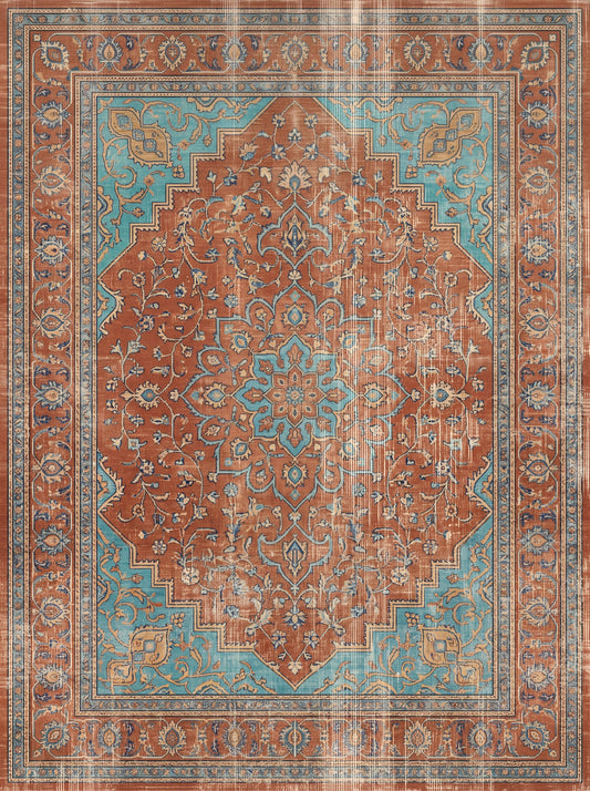 Kiremit ve Turkuaz Çiçekli Retro Bambu halı deseni MS-0211
