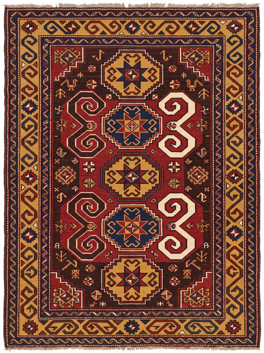 Kırmızı ve Hardal Geometrik Yörük Etnik Bambu halı deseni TH-011