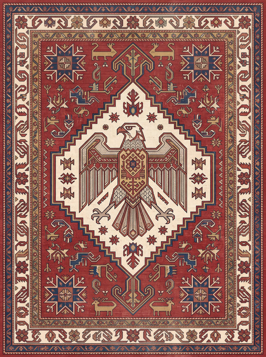 Kırmızı ve Krem Kartal Figürlü Kartal Figürlü Bambu halı deseni MS-0334
