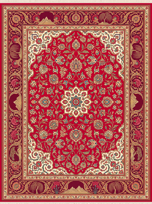 Kırmızı ve Krem Madalyonlu Hereke Bambu halı deseni MS-0002