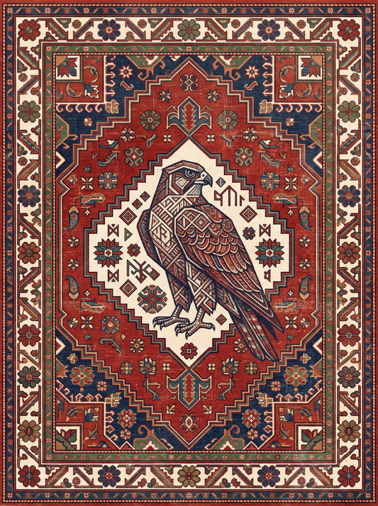 Kırmızı ve Krem Şahin Figürlü Şahin Figürlü Bambu halı deseni MS-0330