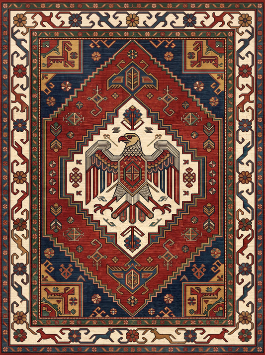 Kırmızı ve Lacivert Kartal Figürlü Kartal Figürlü Bambu halı deseni MS-0338