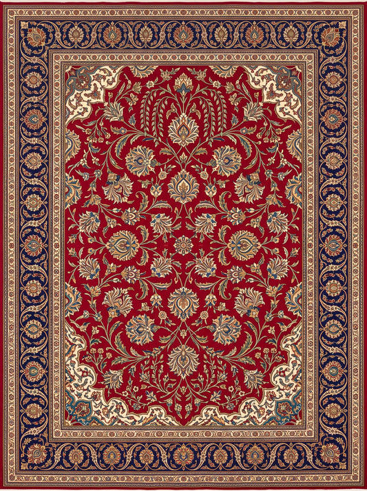 Kırmızı ve Lacivert Madalyonlu Hereke Bambu Halı deseni