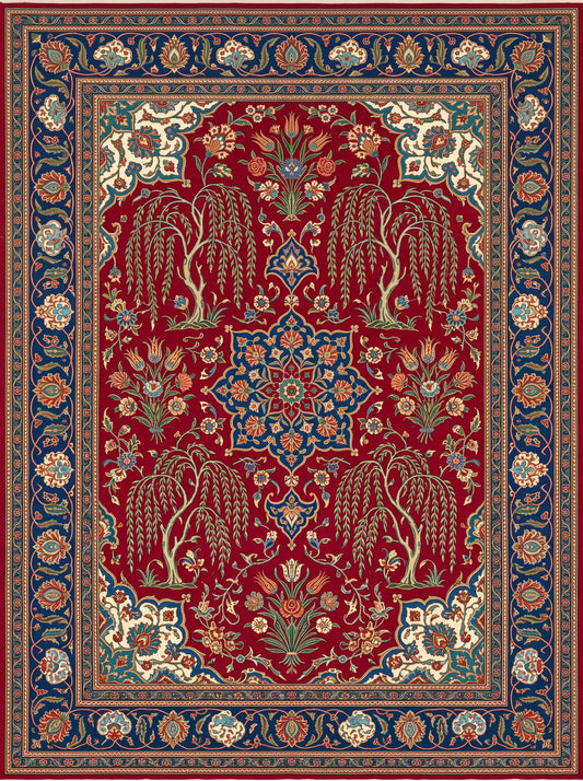 Kırmızı ve Lacivert Madalyonlu Hereke Bambu halı deseni MS-0008