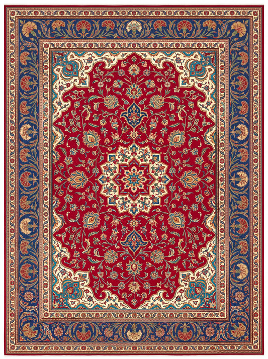 Kırmızı ve Lacivert Madalyonlu Hereke Bambu halı deseni MS-0012