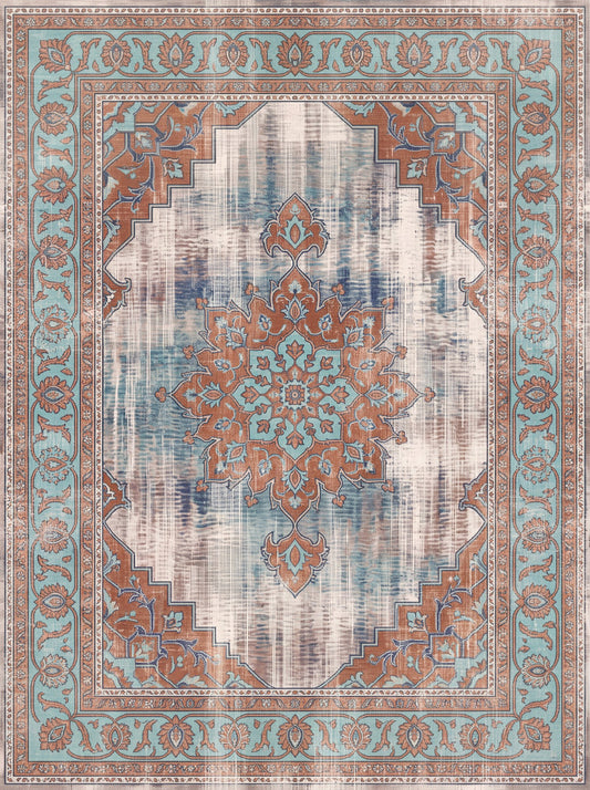 Krem ve Buz Mavisi Madalyonlu Vintage Şönil halı deseni TH-027