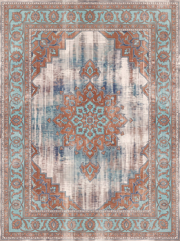 Krem ve Buz Mavisi Vintage Madalyonlu Şönil Halı TH-027