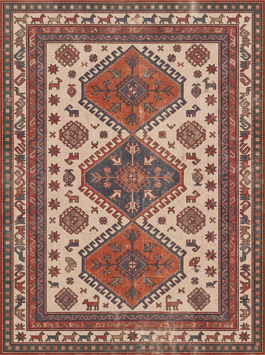 Krem ve Kiremit Geometrik Uşak Bambu halı deseni MS-0088