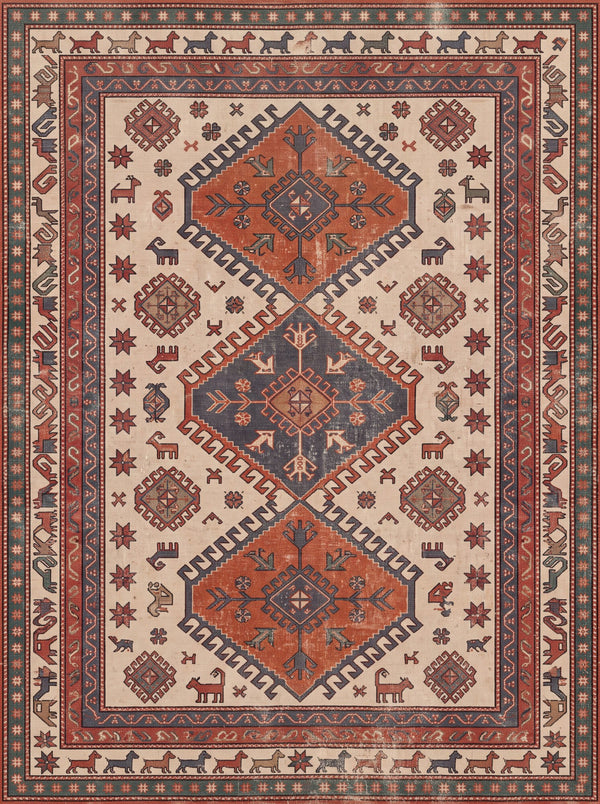 Krem ve Kiremit Otantik Madalyonlu Uşak Desenli Bambu Halı MS-0088