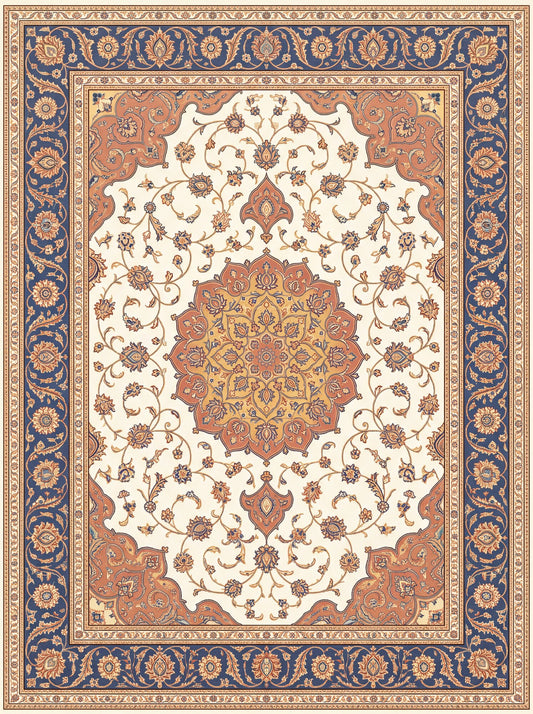 Krem ve Kiremit Madalyonlu Klasik Bambu halı deseni MS-0072