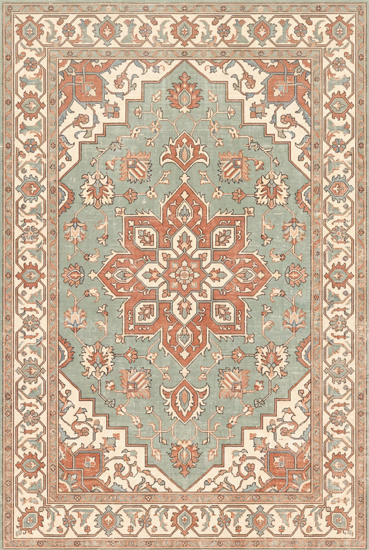Krem ve Kiremit Madalyonlu Uşak Bambu halı deseni MS-0120