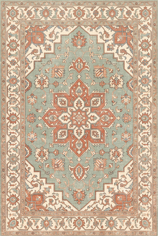 Krem ve Kiremit Madalyonlu Uşak Desenli Bambu Halı MS-0120