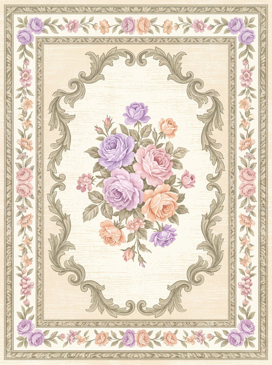 Krem ve Lila Çiçekli Karabağ Bambu halı deseni MS-0073