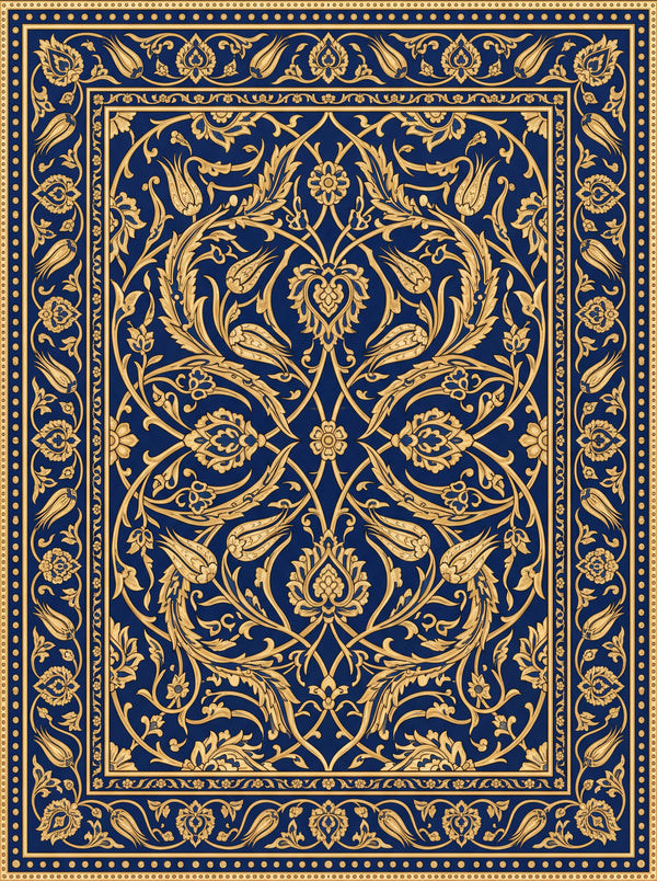 Lacivert ve Altın Çiçekli Uşak Desenli Bambu Halı MS-0139
