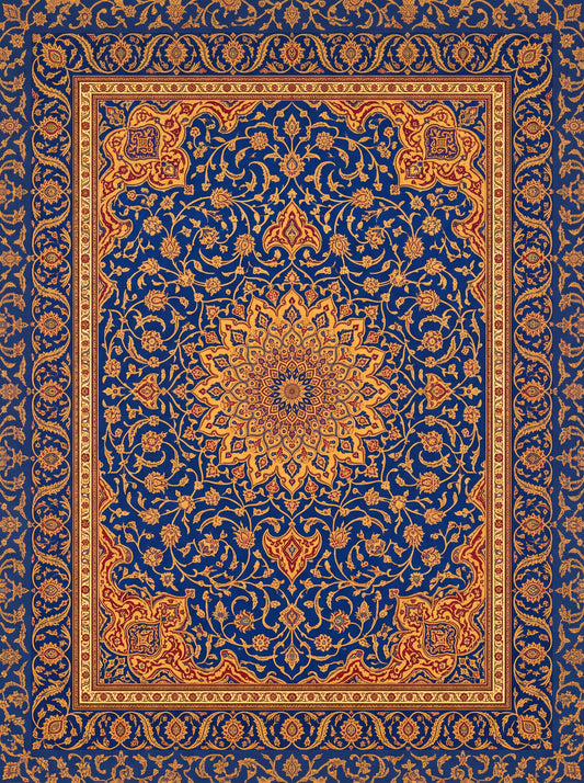 Lacivert ve Hardal Madalyonlu Hereke Bambu halı deseni MS-0019
