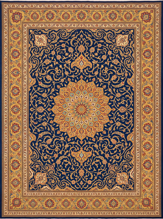 Lacivert ve Karamel Madalyonlu Hereke Bambu halı deseni MS-0015