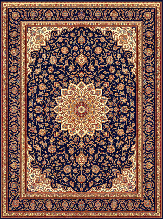 Lacivert ve Karamel Madalyonlu Hereke Bambu halı deseni MS-0021