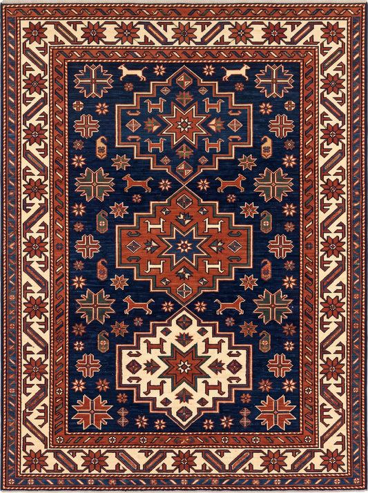 Lacivert ve Kiremit Geometrik Afgan Bambu halı deseni MS-0240